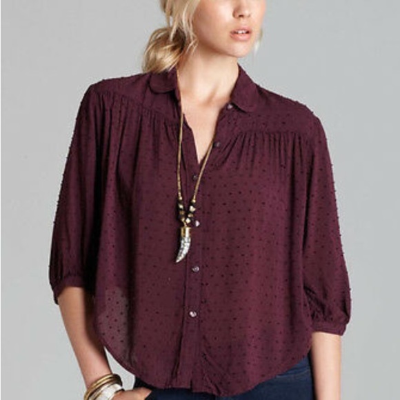 Free People Tops - Free People Purple Button Up Swiss Dot Top NWT